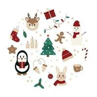 Kreis einstellen von Weihnachten und Neu Jahr Elemente im eben Stil. süß Tiere und traditionell Symbole. Vektor Illustration
