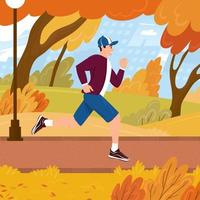 junger Mann läuft im Herbst in einem Stadtpark. Der Typ macht Cardio im Freien in der Herbstlandschaft. handgezeichnete Vektorillustration vektor