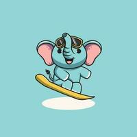 söt elefant spelar snowboard tecknad serie illustration vektor