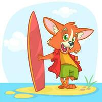 Karikatur Fuchs Surfer mit Surfbrett. Vektor Illustration