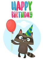 rolig tecknad serie tvättbjörn innehav röd ballong bär födelsedag fest hatt. vektor illustration för födelsedag vykort. design för skriva ut