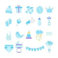 Baby Junge Dusche Design Element mit Blau Farbe isoliert auf Weiß Hintergrund. Illustration zum wenig Neugeborene Junge. vektor