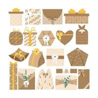Weihnachten Geschenke im Kraft Papier Satz. DIY rustikal Geschenk Kisten im Kunst Verpackungen mit Schnur Bögen und Geäst, Weihnachten Kränze, und Umschläge. braun Geschenk Box Illustration. vektor