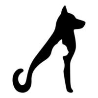 Hund und Katze schwarz Profil Silhouette. Haustiere sitzen zusammen, Seite Aussicht isoliert auf Weiß Hintergrund. Design zum Veterinär Klinik, Geschäft, Tier Geschäft. Vektor Illustration