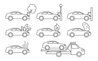 Auto Absturz, Unfall von Transport, Linie Kunst Symbol Satz. Kollision mit ein Hindernis Baum, Laterne, Mauer. frontal Kollision. gebrochen Fahrzeug, Feuer, Rauch. Abschleppen LKW Service. Vektor Gliederung Illustration