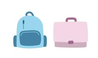 Schule Tasche Clip Art Vektor Satz. einfach Schüler Tasche und Rucksack eben Vektor Illustration Clip Art Karikatur Stil Clip Art, Hand gezeichnet Gekritzel. Studenten, Klassenzimmer, Schule Lieferungen, zurück zu Schule Konzept