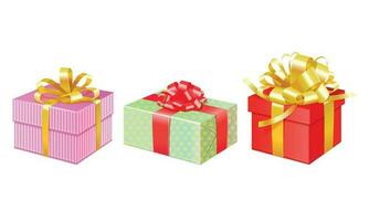 Vektor Geschenk Kisten Satz. Weihnachten oder Geburtstag die Geschenke mit bunt wickeln, Bänder und Bögen Gruß Karten Elemente