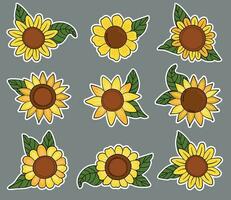 Sonnenblumen Aufkleber Satz. Karikatur Stil. vektor