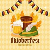 oktoberfest tysk öl festival fyrkant social media posta mall. design med hatt, öl råna med skum, trä- tunna, Tyskland färger festlig krans, vete och löv. gul med romb mönster vektor