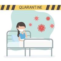 Virus Covid 19 Quarantäne, kranke Frau in der Bettklinik Coronavirus-Warnband vektor