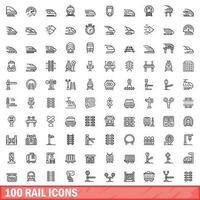 100 järnväg ikoner uppsättning, översikt stil vektor