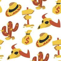 cowboy sömlös mönster med hattar, tjur skalle, riktning, pengar och kaktusar. vektor platt grafik. Västra förpackning i nyanser av röd och gul. utskrift på textilier och papper
