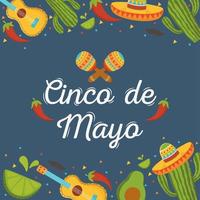 cinco de mayo schriftzug maracas pfeffer gitarre kaktus mexikanisches feierplakat vektor