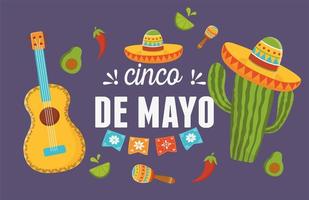 cinco de mayo gitarrkaktus med hatt mexikansk kultur kort vektor