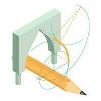 Gebäude Konzept Symbol isometrisch Vektor. volumetrisch Bogen Projekt und Holz Bleistift vektor