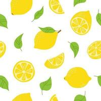 sömlös mönster med färsk citron- hela, full, halv, skiva, blad. frukter. freehand vektor illustration