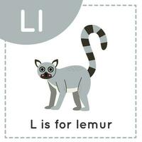 inlärning engelsk alfabet för ungar. brev l. söt tecknad serie lemur. vektor