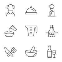 samling av vektor isolerat tecken dragen i linje stil. redigerbar stroke. ikoner av kock, skål med cloche, vas för mäta, förkläde, murbruk och mortelstöt