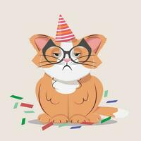 Karikatur Illustration von ein mürrisch alt Katze mit Brille. Katze ist genervt weil von das Geburtstag Feier. beim ist genervt weil von das Geburtstag Feier. vektor
