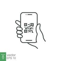 qr koda läser in i smartphone skärm. hand innehav mobil telefon. enkel linje ikon stil, streckkod scanner för betala, webb, mobil app. vektor illustration isolerat. eps 10.