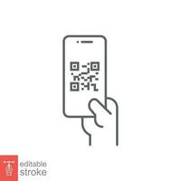 qr koda läser in i smartphone skärm. hand innehav mobil telefon. enkel linje ikon stil, streckkod scanner för betala, webb, mobil app. vektor illustration isolerat. redigerbar stroke eps 10.