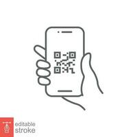 qr koda läser in i smartphone skärm. hand innehav mobil telefon. enkel linje ikon stil, streckkod scanner för betala, webb, mobil app. vektor illustration isolerat. redigerbar stroke eps 10.