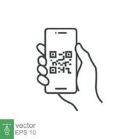 qr koda läser in i smartphone skärm. hand innehav mobil telefon. enkel linje ikon stil, streckkod scanner för betala, webb, mobil app. vektor illustration isolerat. eps 10.