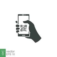 qr koda läser in i smartphone skärm. hand innehav mobil telefon. enkel fast ikon stil, streckkod scanner för betala, webb, mobil app. vektor illustration isolerat. eps 10.