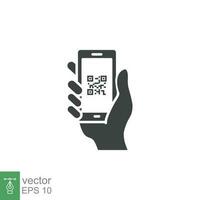 qr koda läser in i smartphone skärm. hand innehav mobil telefon. enkel fast ikon stil, streckkod scanner för betala, webb, mobil app. vektor illustration isolerat. eps 10.