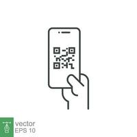 qr koda läser in i smartphone skärm. hand innehav mobil telefon. enkel linje ikon stil, streckkod scanner för betala, webb, mobil app. vektor illustration isolerat. eps 10.