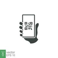 qr koda läser in i smartphone skärm. hand innehav mobil telefon. enkel fast ikon stil, streckkod scanner för betala, webb, mobil app. vektor illustration isolerat. eps 10.