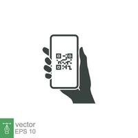 qr Code Scannen im Smartphone Bildschirm. Hand halten Handy, Mobiltelefon Telefon. einfach solide Symbol Stil, Barcode Scanner zum zahlen, Netz, Handy, Mobiltelefon App. Vektor Illustration isoliert. eps 10.