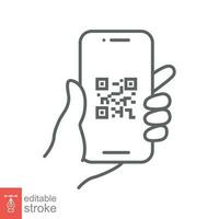 qr koda läser in i smartphone skärm. hand innehav mobil telefon. enkel linje ikon stil, streckkod scanner för betala, webb, mobil app. vektor illustration isolerat. redigerbar stroke eps 10.