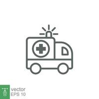 ambulans ikon, översikt nödsituation bil, medicin skåpbil, vård läkare Stöd, tunn linje webb symbol på vit bakgrund. vektor illustration eps 10.