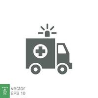 ambulans ikon, glyf nödsituation bil, medicin skåpbil, vård läkare Stöd, fast stil webb symbol på vit bakgrund. vektor illustration eps 10.