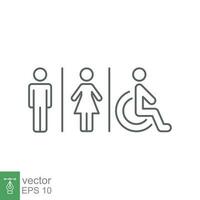 manlig, kvinna, handikapp toalett tecken ikon. toalett, unisex- badrum begrepp. vektor illustration isolerat på vit bakgrund. eps 10.
