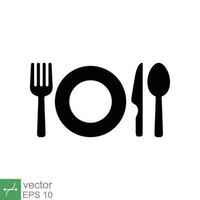 tallrik, gaffel, kniv, och sked ikon. enkel platt stil. måltid, äta, lunch, middag, maträtt, mat, servis, redskap begrepp design. vektor illustration isolerat på vit bakgrund. eps 10.