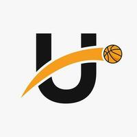 basketboll logotyp på brev u med rör på sig basketboll ikon. korg boll logotyp symbol vektor