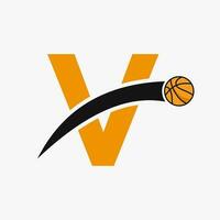 Basketball Logo auf Brief v mit ziehen um Basketball Symbol. Korb Ball Logo Symbol vektor