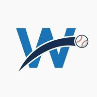 baseboll logotyp på brev w med rör på sig baseboll ikon. baseboll logotyp mall vektor
