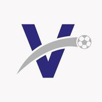 fotboll logotyp på brev v med rör på sig fotboll ikon. fotboll logotyp mall vektor