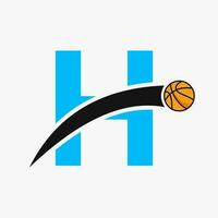 basketboll logotyp på brev h med rör på sig basketboll ikon. korg boll logotyp symbol vektor