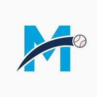 baseboll logotyp på brev m med rör på sig baseboll ikon. baseboll logotyp mall vektor