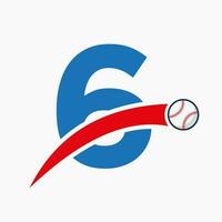 baseboll logotyp på brev 6 med rör på sig baseboll ikon. baseboll logotyp mall vektor