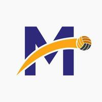 Volleyball Logo auf Brief m mit ziehen um Volleyball Ball Symbol. Volley Ball Symbol vektor