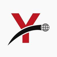 Brief y Logo Konzept mit global Welt Symbol Vektor Vorlage