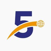 brev 5 logotyp begrepp med global värld ikon vektor mall