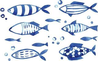 Aquarell einstellen mit Fisch. Kinder- einfach Zeichnung Blau Fisch auf ein Weiß Hintergrund. Gekritzel vektor
