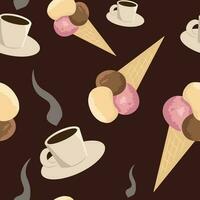 vektor sömlös mönster med jäsande kaffe koppar och is grädde koner på mörk brun bakgrund