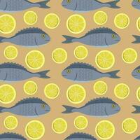 Vektor nahtlos Muster mit Dorado Fisch und Zitrone Scheiben auf Gelb. Hintergrund, Hintergrund, Papier oder Textil- drucken